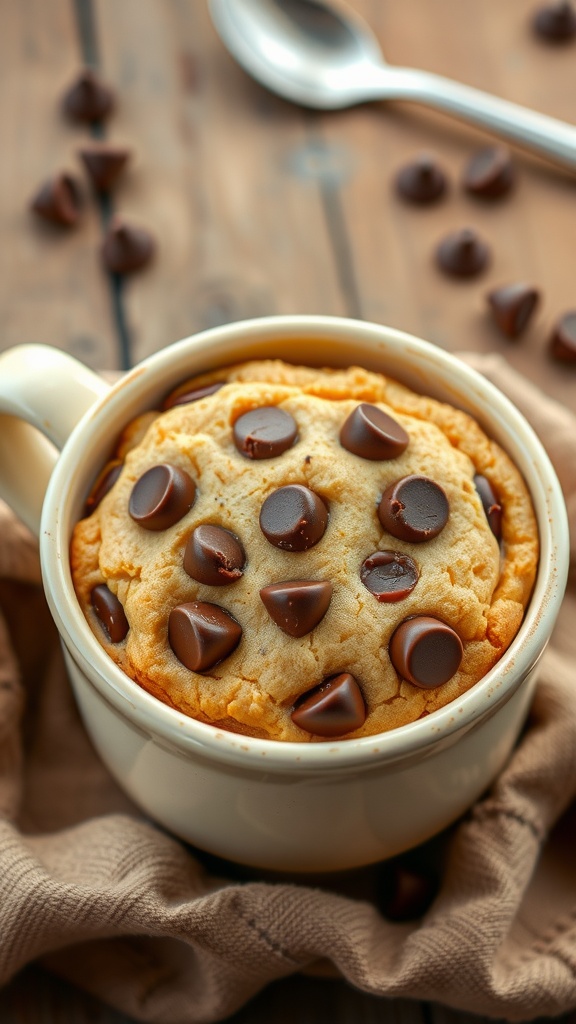 A delicious chocolate chip cookie in a mug, with melted chocolate chips, on a wooden table.